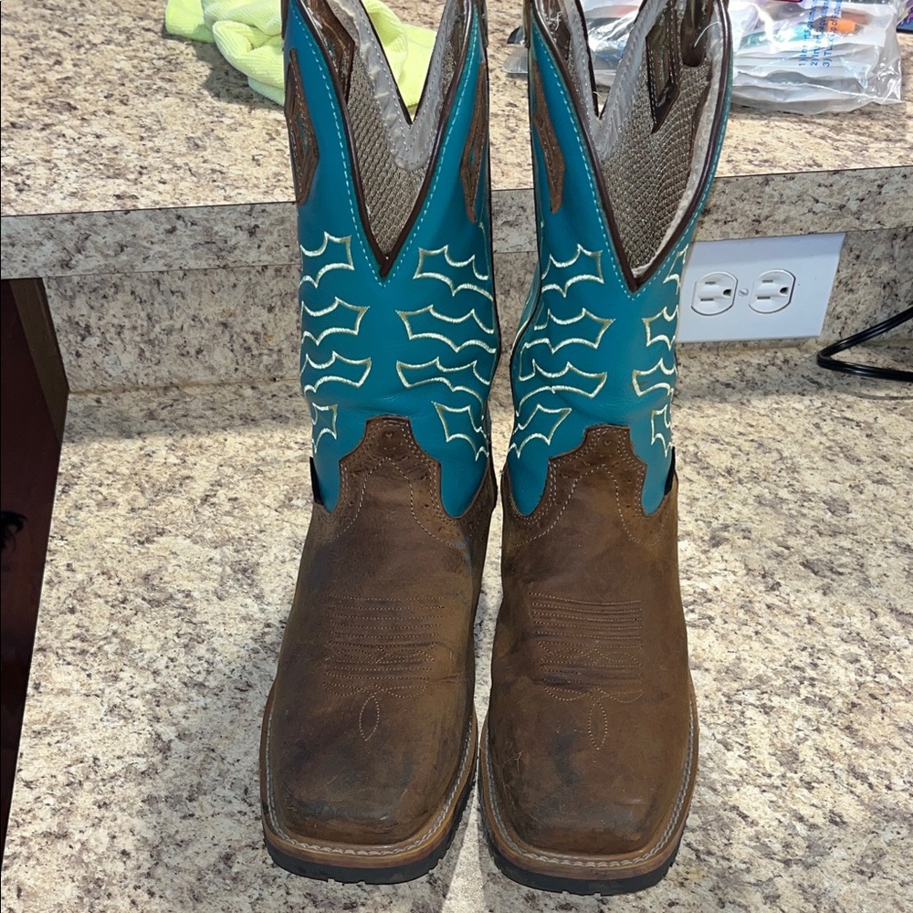 Justin Boots Brown and Teal Steel Toe Boots